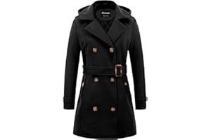 Chrisuno Women's Double Breasted Pea Coat Hooded Long Winter Trench Coat