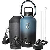 Trebo Water Bottle 64oz with Paracord Handle, Half Gallon Large Vacuum Double Wall Stainless Steel Insulated Water Jug with Holder Strap Straw Spout Lids, Leakproof Keep Cold & Hot, Indigo/Black