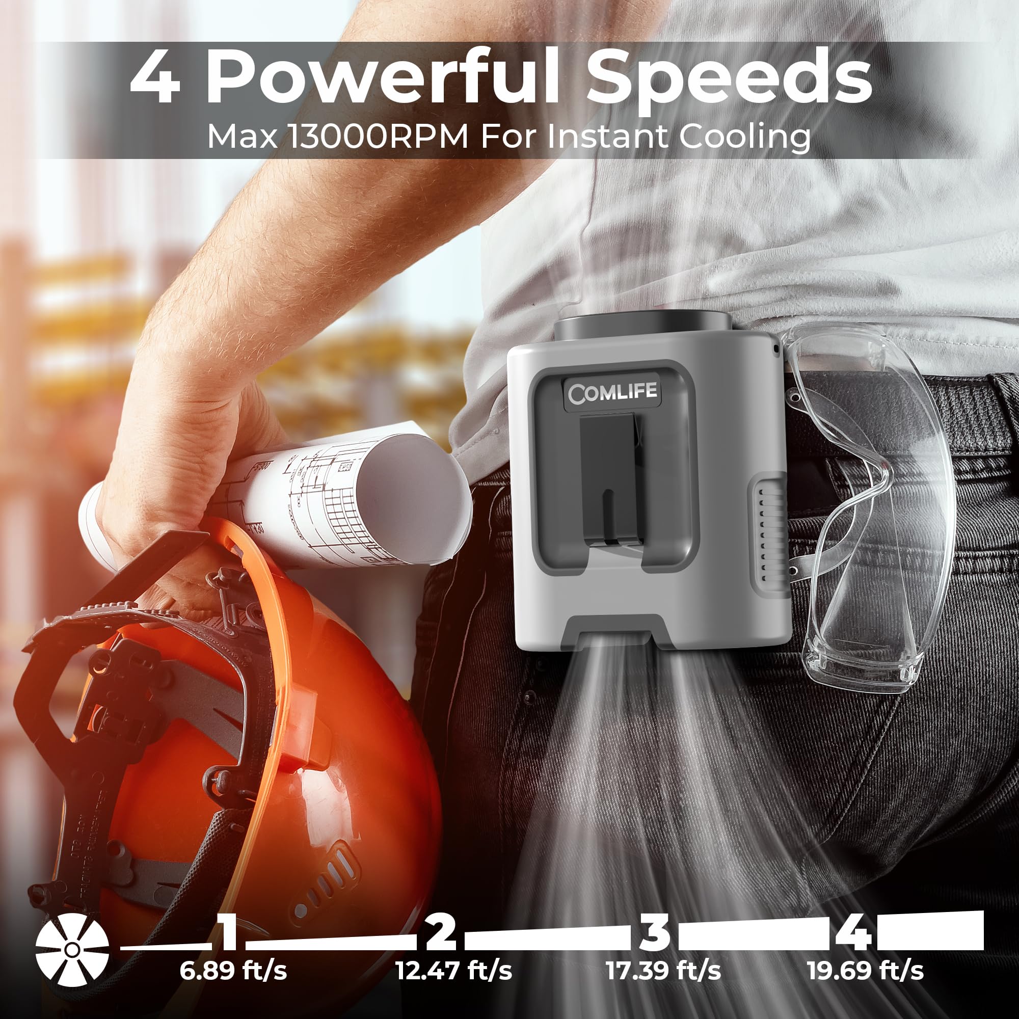 COMLIFE Portable Mini Waist Fan - Rechargeable Clip on Wearable Belt Fan, Max 25H Cooling,4 Speeds 13000RPM Turbo Hands-Free Under-Shirt Neck Fan for Outdoor Jobsite Camping Traveling