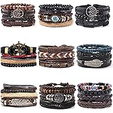 FIRAZIO 35PCS Braided Leather Bracelets for Men Women Wrap Wood Beads Cuff Bracelet Hemp Cords Ethnic Tribal Handmade Wrap Wristband Bracelets Set Adjustable