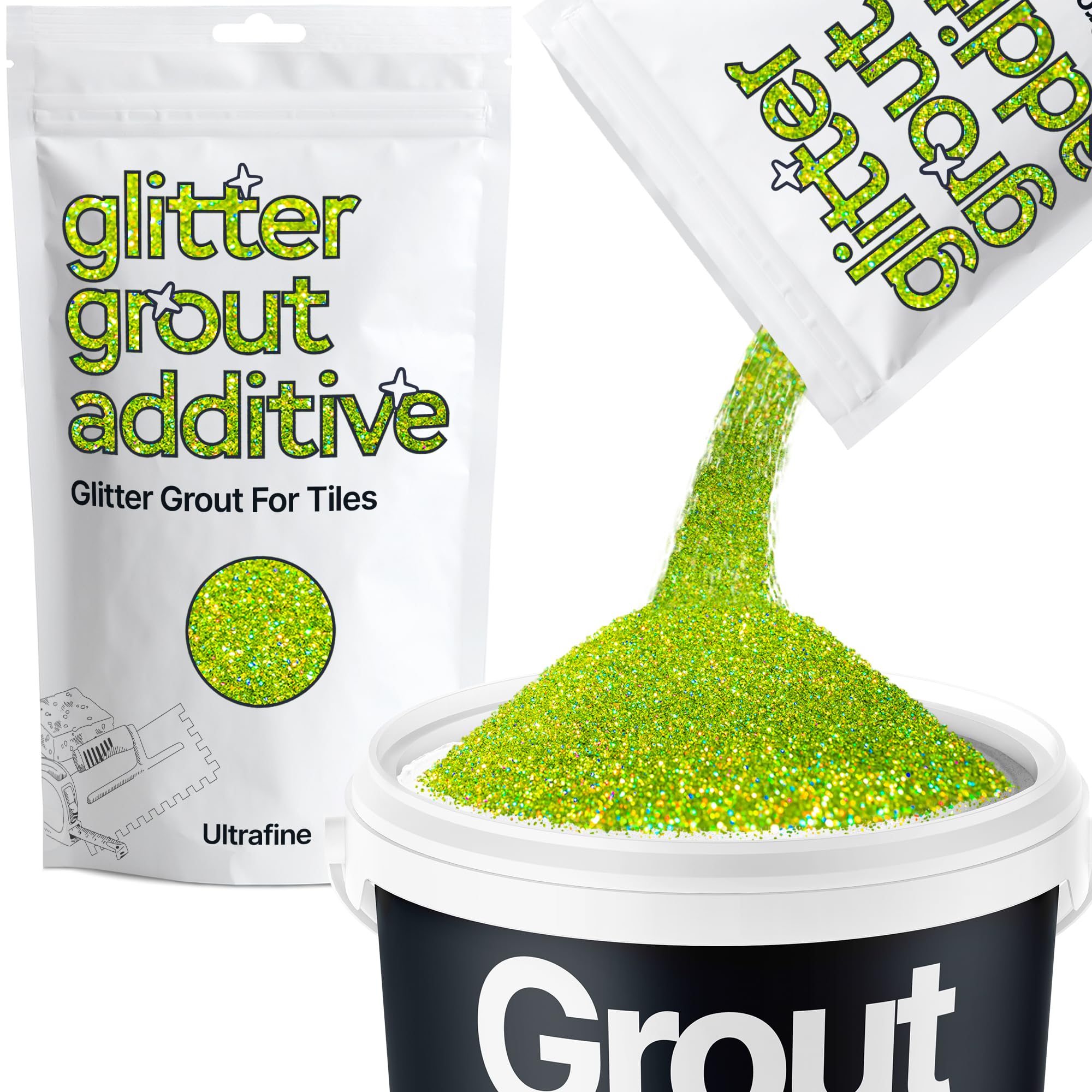 Hemway Lime Green Holographic Glitter Grout Additive Ultrafine 100g Metallic Flakes for Adding Sparkle to Kitchen & Bathroom Tiles | Enhance Your Indoor Grouting Projects with a Durable Sparkly Effect