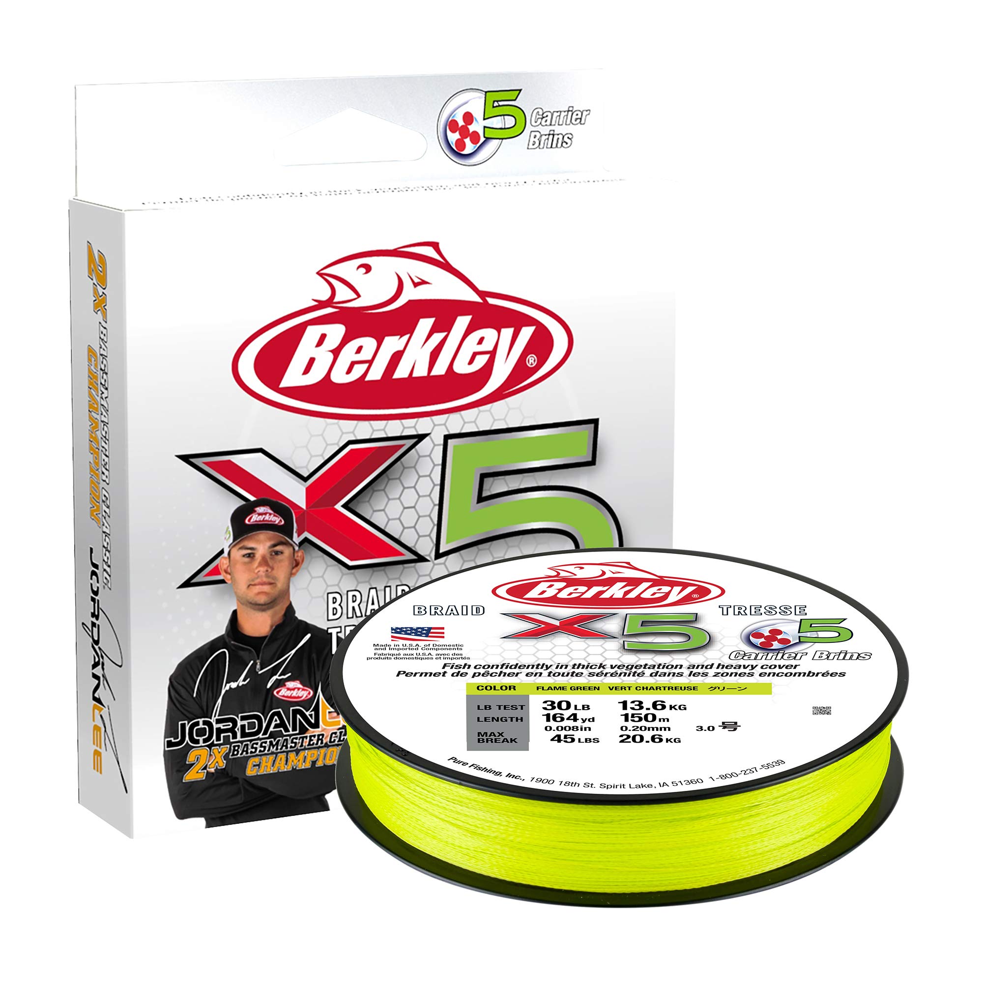 Berkley Jordan Lee x5 Braid Superline, Flame Green, 30-Pound Break Strength, 328yd Fishing Line, Suitable for Freshwater Environments Image