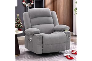 HUATEAN HOME Rocker Recliner Chair with Heat and Massage, 360° Swivel Recliner Chairs for Adults, Oversized Recliner Single Sofa Seat with Cup Holders, Lazy Boy Recliner Single Sofa, Grey