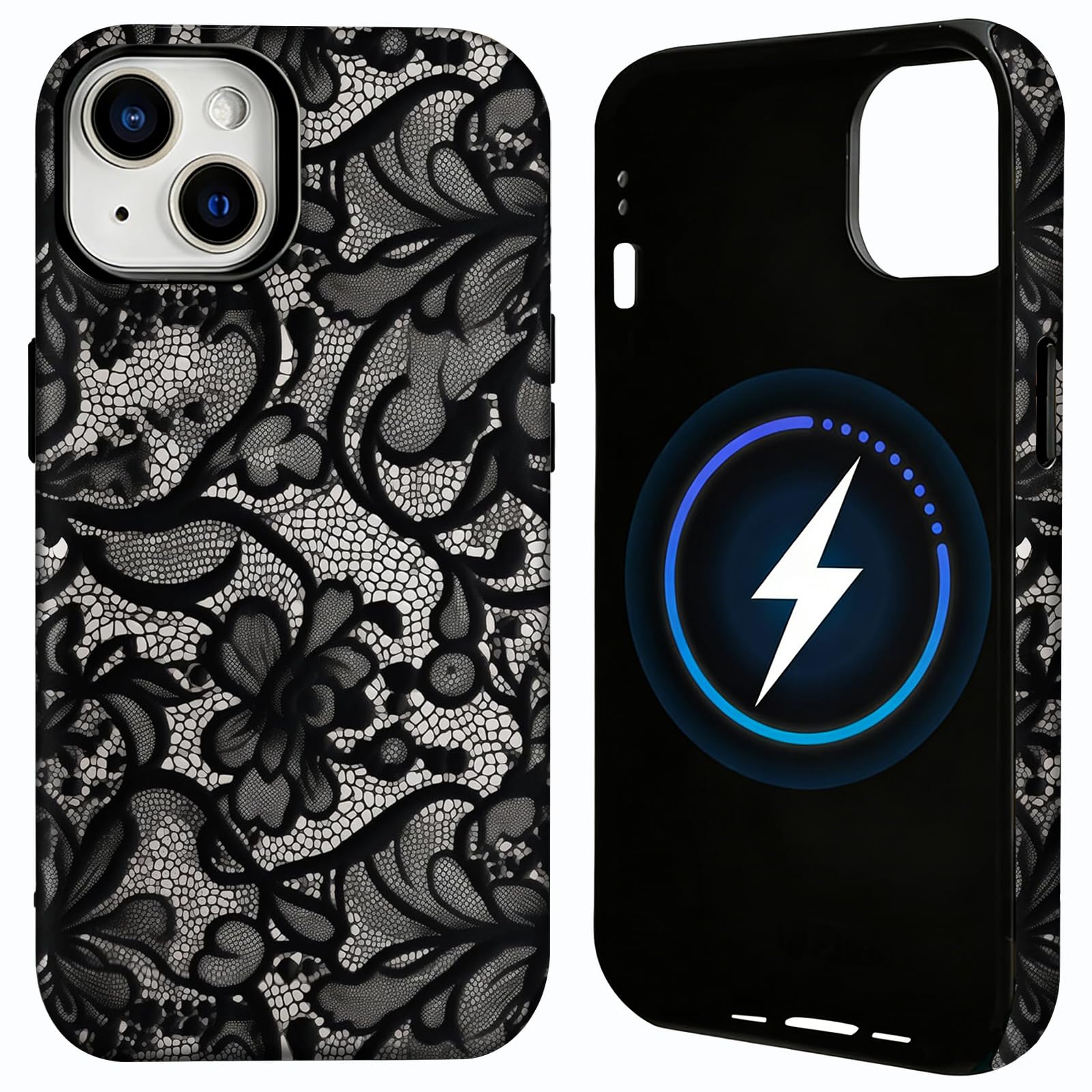 AROJAK for iPhone 15 Case [Compatible with Magsafe] Lace Phone Case Vintage Floral Flower Dual-Layer Protective Shockproof Magnetic Cover for Women Girls - Black
