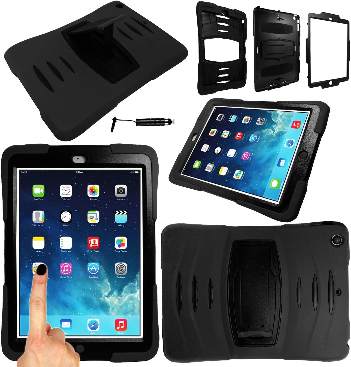 Magic Global Gadgets - Black Ultra Shockwave Military Extreme Dual Grade Case Cover For Apple iPad Mini / iPad Mini 2 II / iPad Mini 3 III Shock Proof Tough Durable Rugged Builder Workman Style With Built In Screen Guard + Mini Stylus