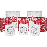 Hallmark Rustic Christmas Gift Bag Assortment (8 Bags: 3 Small 6", 3 Medium 9", 2 Large 13") Gray, White and Red, Farmhouse, Snowman, Snowflakes, Merry and Bright Wreath