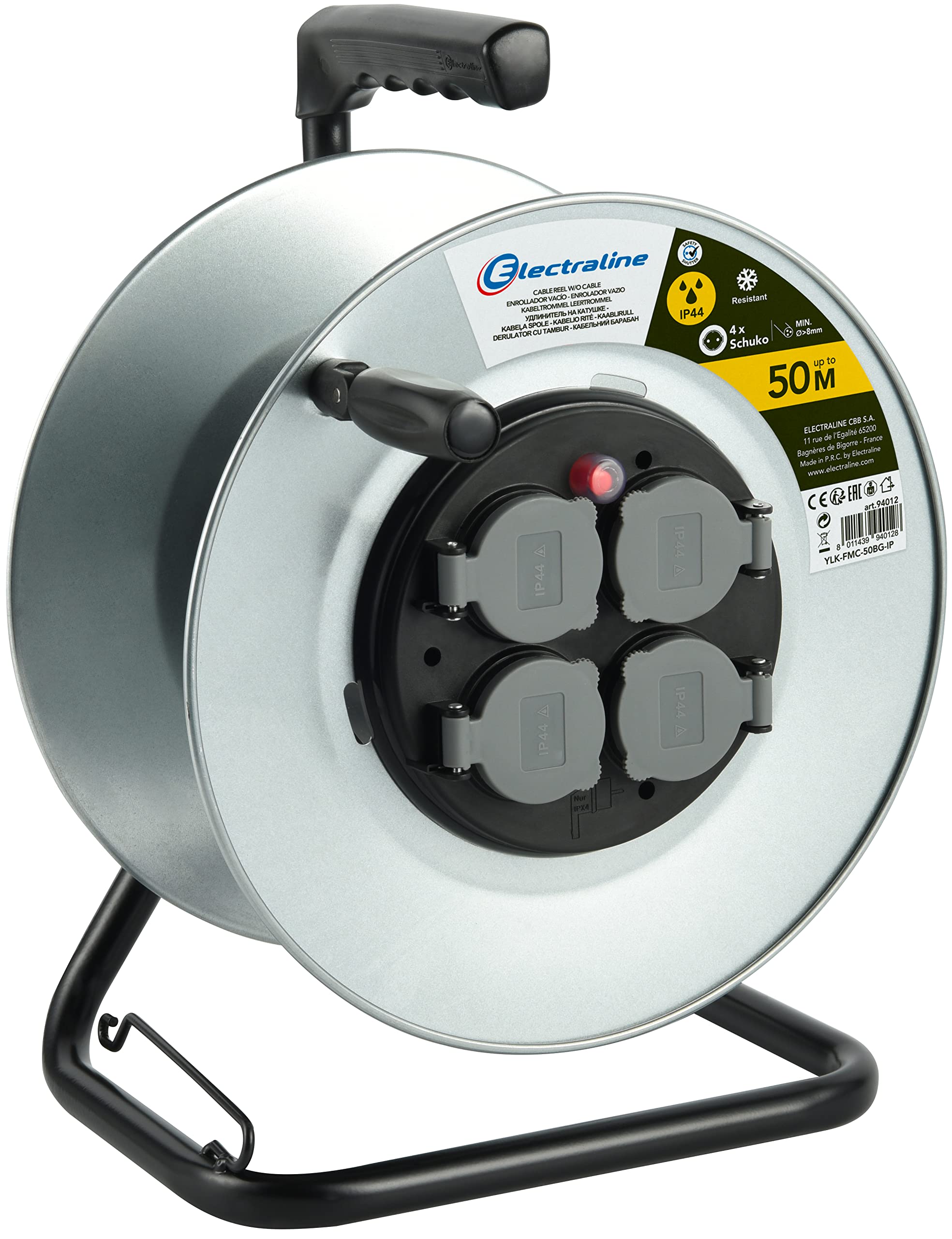 Electraline 94012 Professional metal construction reel 4 IP44 sockets Without cable routing and ergonomic handle, suitable for work gloves