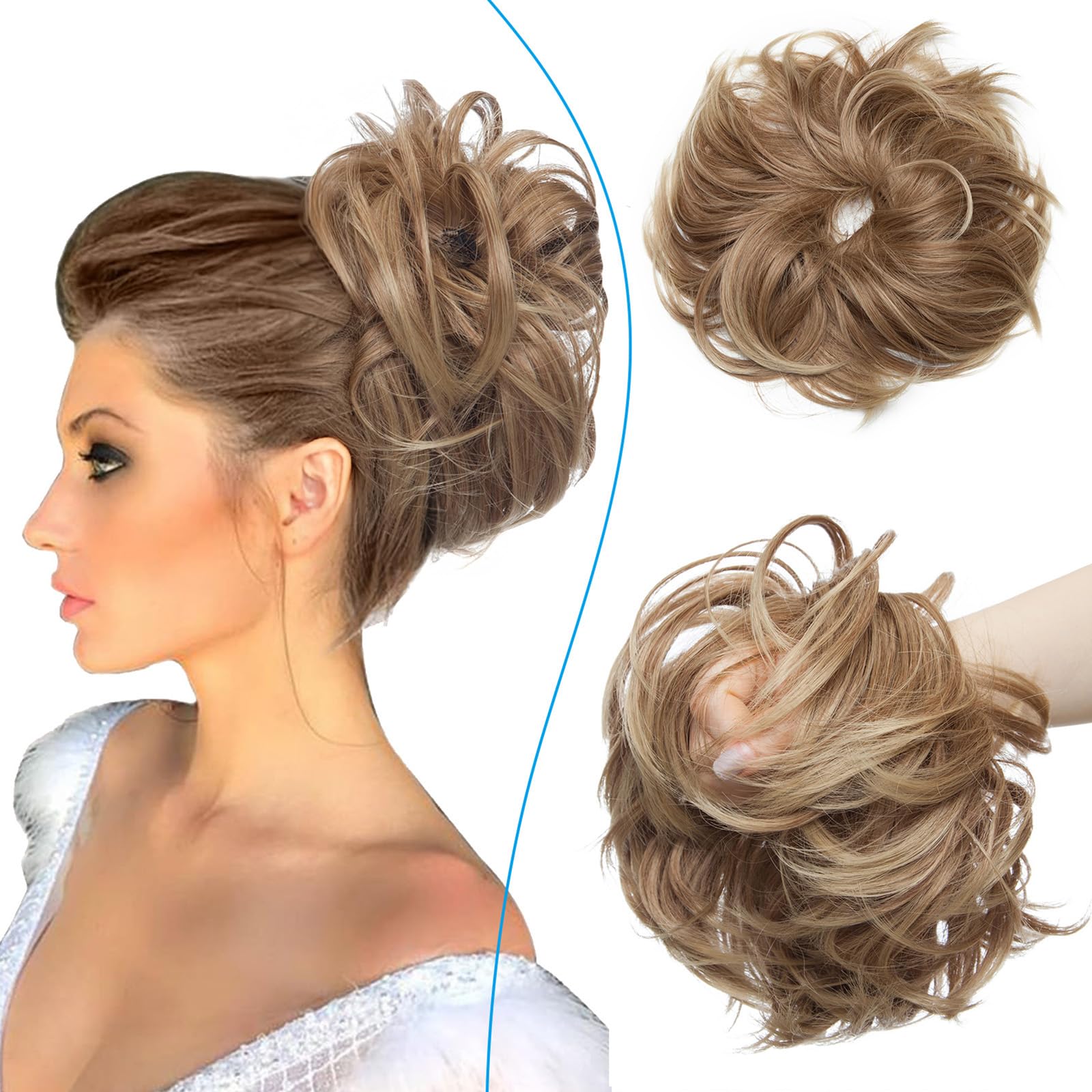 Messy Updo Hair Buns for Women Synthetic Hair Ponytail Hair Scrunchies Donut Chignons Hairpieces Updo Hair Buns Extensions Light Brown to Ash Blonde