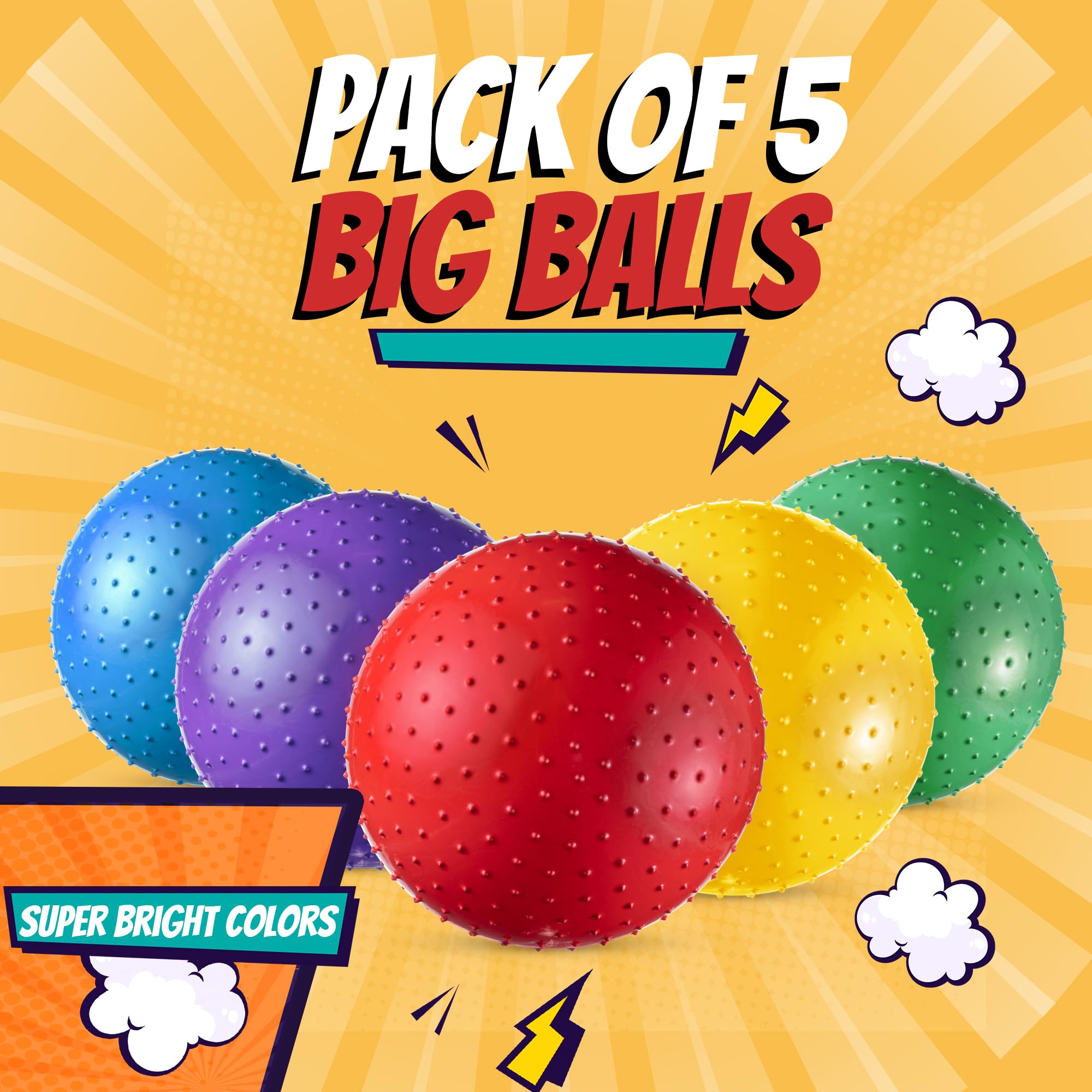 18-Inch Big Balls for Toddlers and Kids - Pack of 5 Inflatable Giant Balls for Kids with Hand Air Pump, Big Bouncy, Sensory Play, Stress Toy, Knobby, Large Playground, Recess, Games for Children