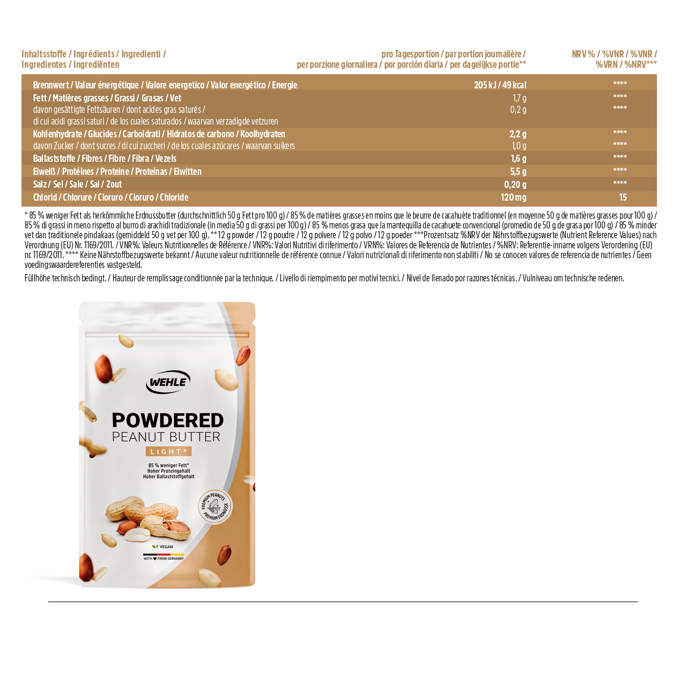 Erdnussbutter light Pulver 500g - Powdered Peanut Butter 85% weniger Fett, ohne Zucker I Peanut Creme mit leckerem Geschmack, Wehle Sports - Verpackung kann variieren 6
