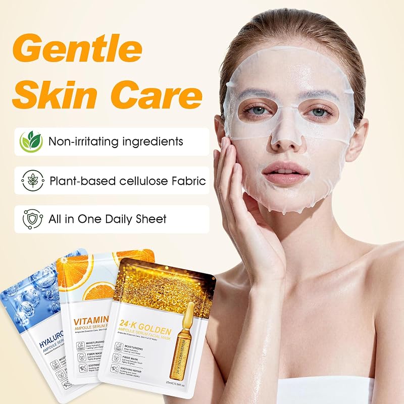15 Stück Gesichtsmaske Geschenkset Frauen,Hydrat Gesichtsmasken Set,Face Mask mit Hyaluronsäure, Vitamin C, 24 Karat Gold,Geschenk für Mutter und Freundin,Erfüllen Sie verschiedene Hautbedürfnisse