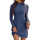 Oakgarden Women's Knit Long Sleeve Sweater Dress Lettuce Trim Mock Neck Tunic Dress Fall Winter Casual Trendy Outfits