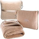 BlueHills Premium Soft Travel Blanket Pillow Airplane Blanket Packed in Soft Bag Pillowcase with Hand Luggage Belt Backpack Clip Compact Pack Large Portable Flight Throw Beige T005