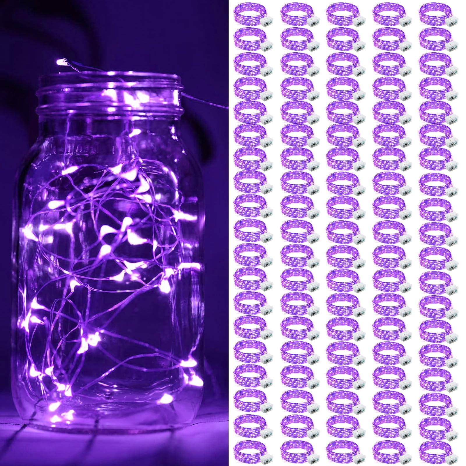 ZGWJ 100 Pack Fairy Lights Battery Operated, 7ft 20 Mini LED Fairy String Lights Silver Wire 3 Modes for DIY, Parties, Wedding, Bedroom, Halloween Christmas Decoration Purple Image