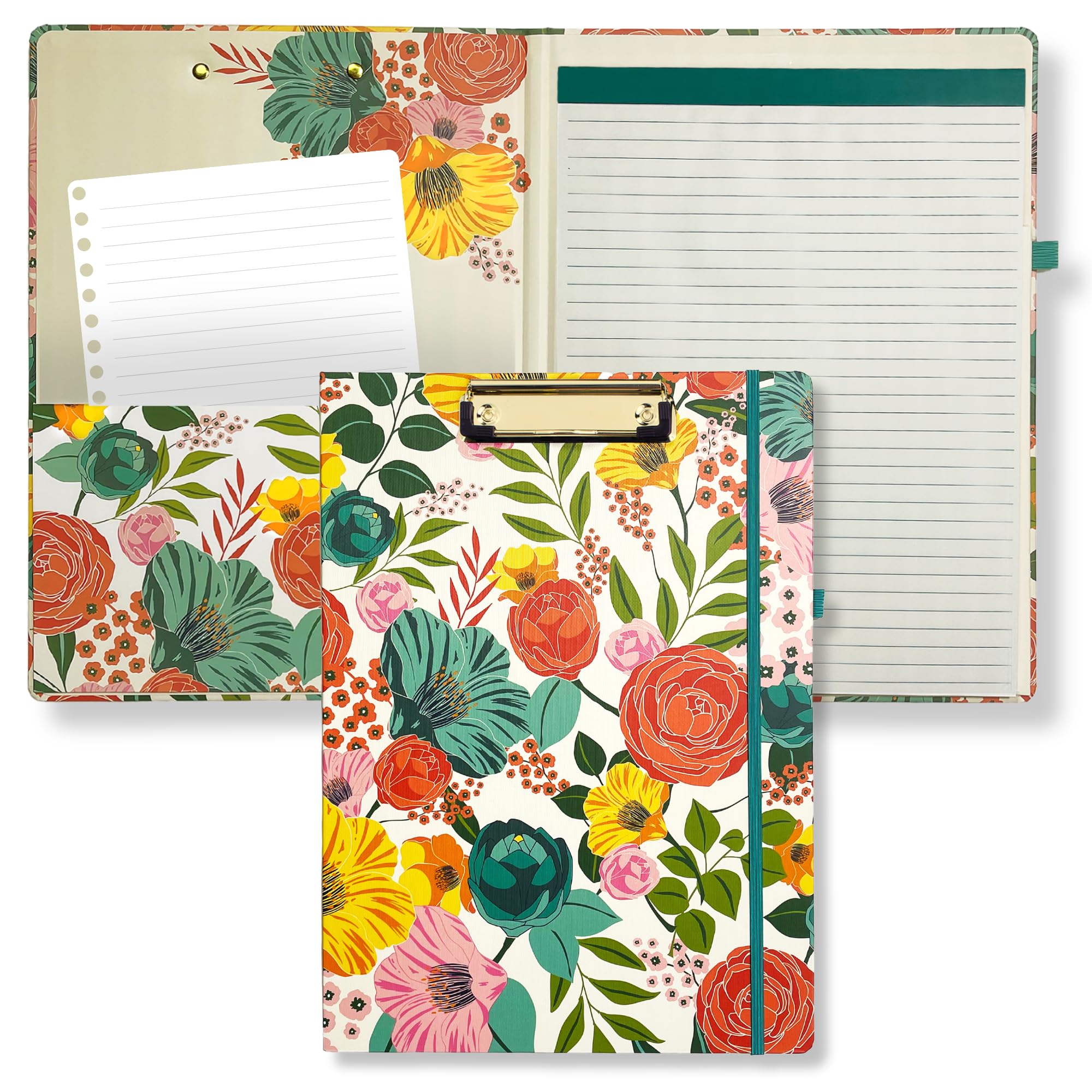 Steel Mill & Co Cute Clipboard Folio with Refillable Lined Notepad and Interior Storage Pocket, Floral Padfolio for Work, Garden Blooms Cream โ image 1