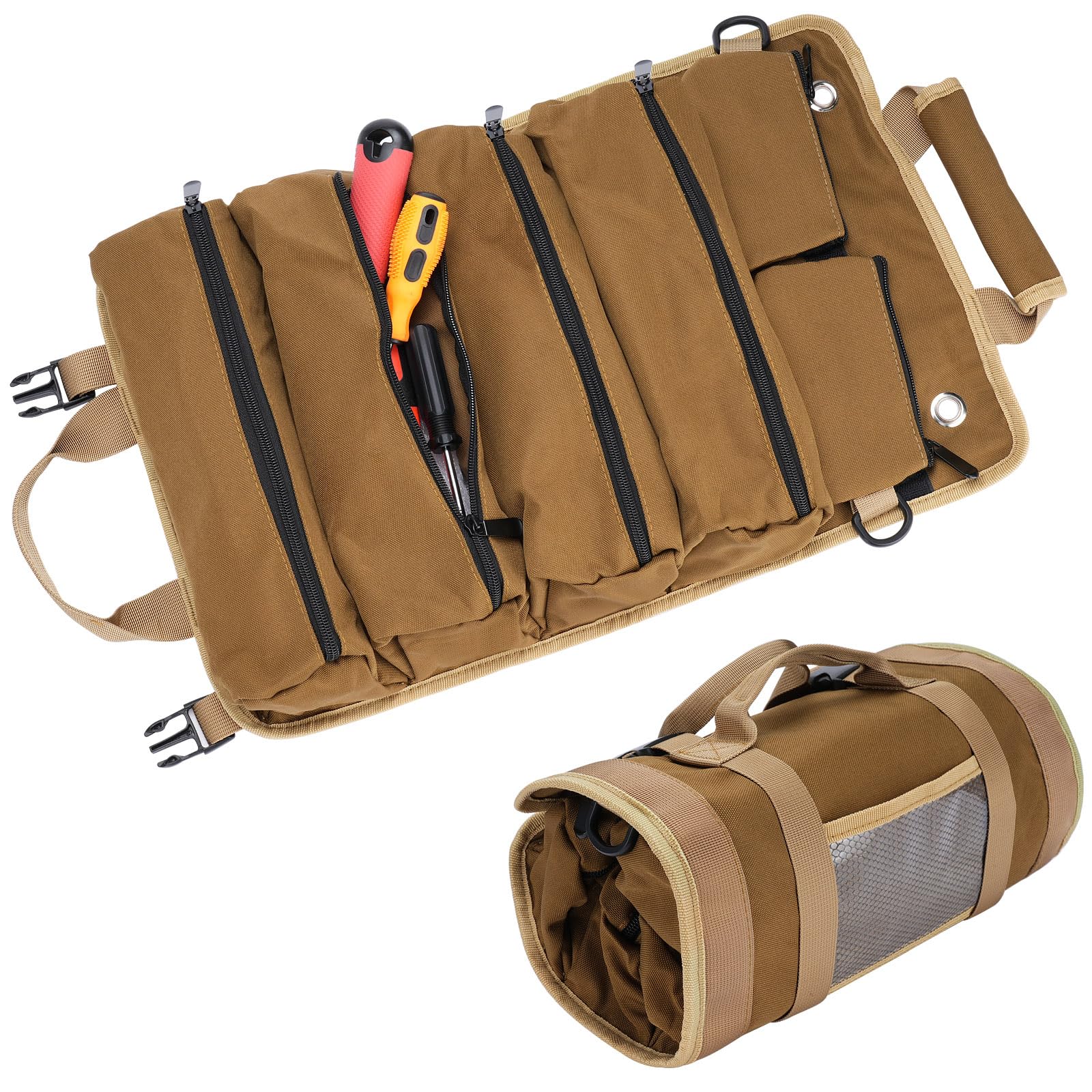 Drado Tool Roll Bag, Portable Tool Roll Up Pouch Bag, Multi-Purpose Tools Heavy Duty Tool Organizer (Khaki)