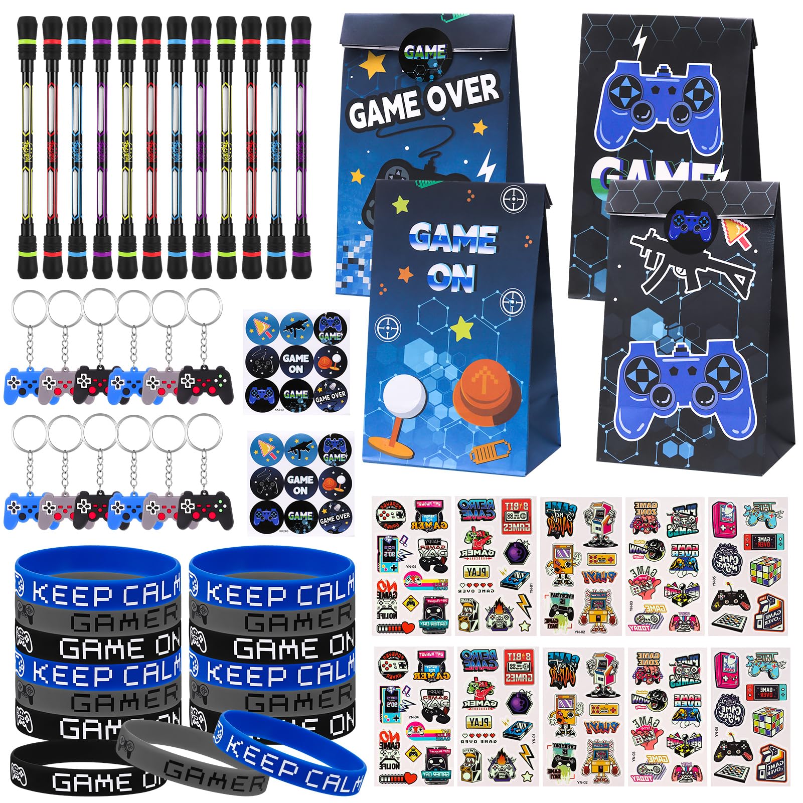 76 Pack Video Game Party Favors Set Include Gamer Party Favor Bags Spinning Pen Gaming Keychain Silicone Bracelet Glowing Tattoo Stickers