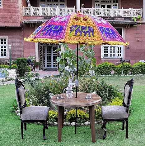 Lalhaveli Elephant Embroidery Decorated Cotton Garden Umbrella 52 X 72 Inches