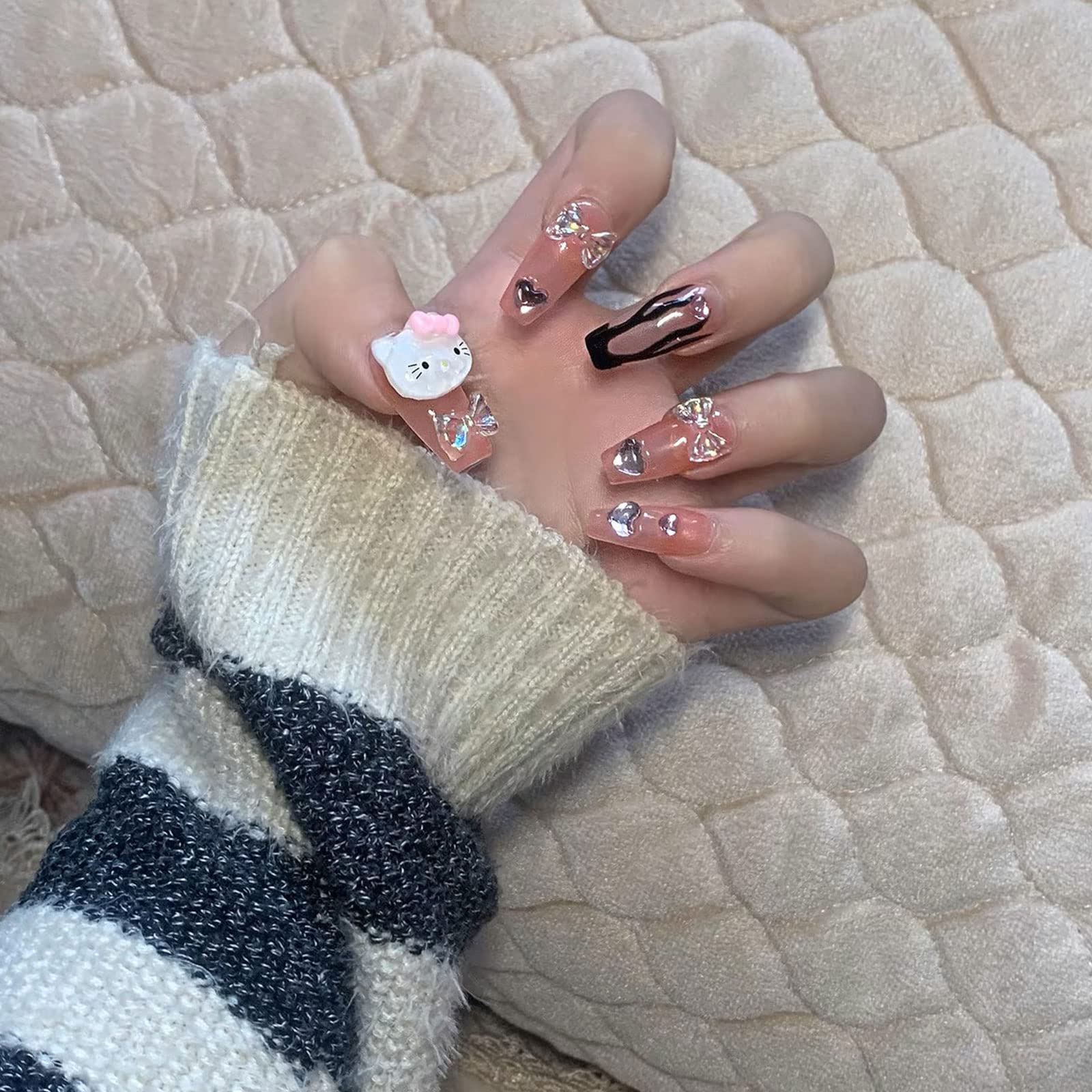 24-PCS Pink Kitty Press on Nails Y2K Long Coffin Cute Kawaii 3D Cartoon False Nails with Flame and Rhinestone Design Trapezoid Fake Nails Glossy False Nails Full Cover Acrylic Nails for Women & Girls