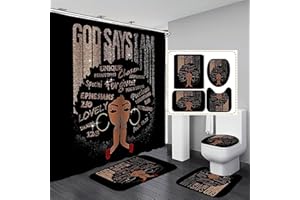 OMEBERO 4Pcs Bathroom Shower Curtain Sets, Inspirational Quote Afrcian American Queen Shower Curtains with Rugs Toilet Lid Cover Bath Mat, Praying Black Girl Fabric Home Decorations Bath Mat Sets