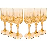 JUSONEY 7oz Vintage Plastic Wine Glasses,Crystal Textured Plastic Goblets,Disposable Wine Glasses for Parties,Weddings,Elegant Events(6-Gold)