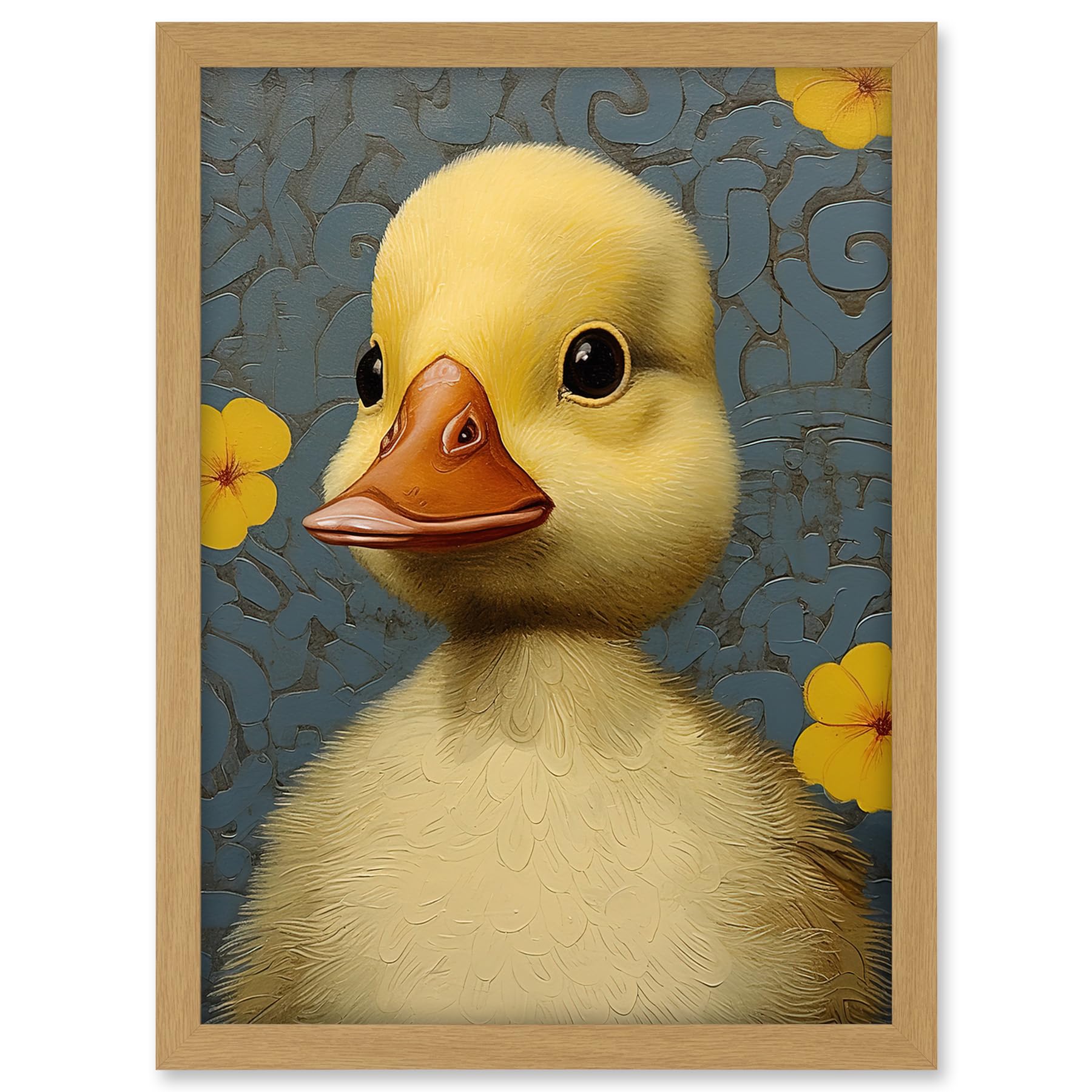 Artery8 Duckling with Flowers Oil Painting Kids Bedroom Baby Nursery Duck Artwork Framed A3 Wall Art Print