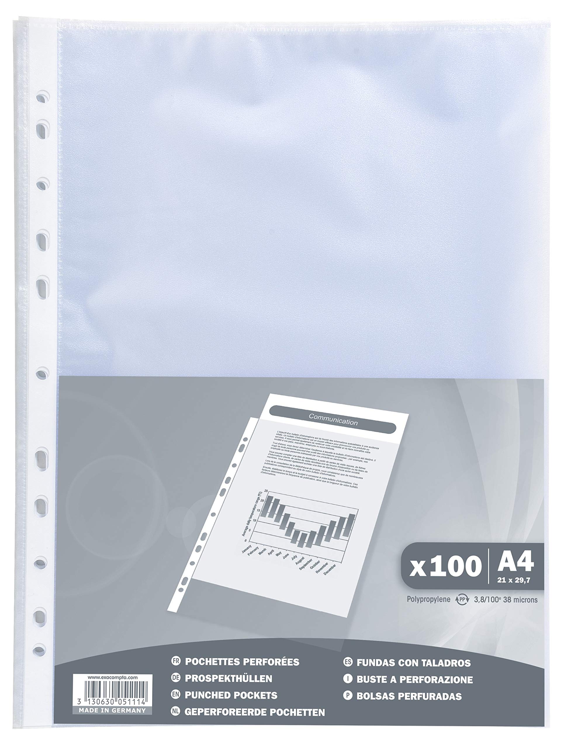 Exacompta - Ref 5111E - PP Punched Pockets (Pack of 100) - Suitable for A4 Documents, 0.04mm Grained Effect Polypropylene, Pre-Punched Spine for Use in Folders - Clear