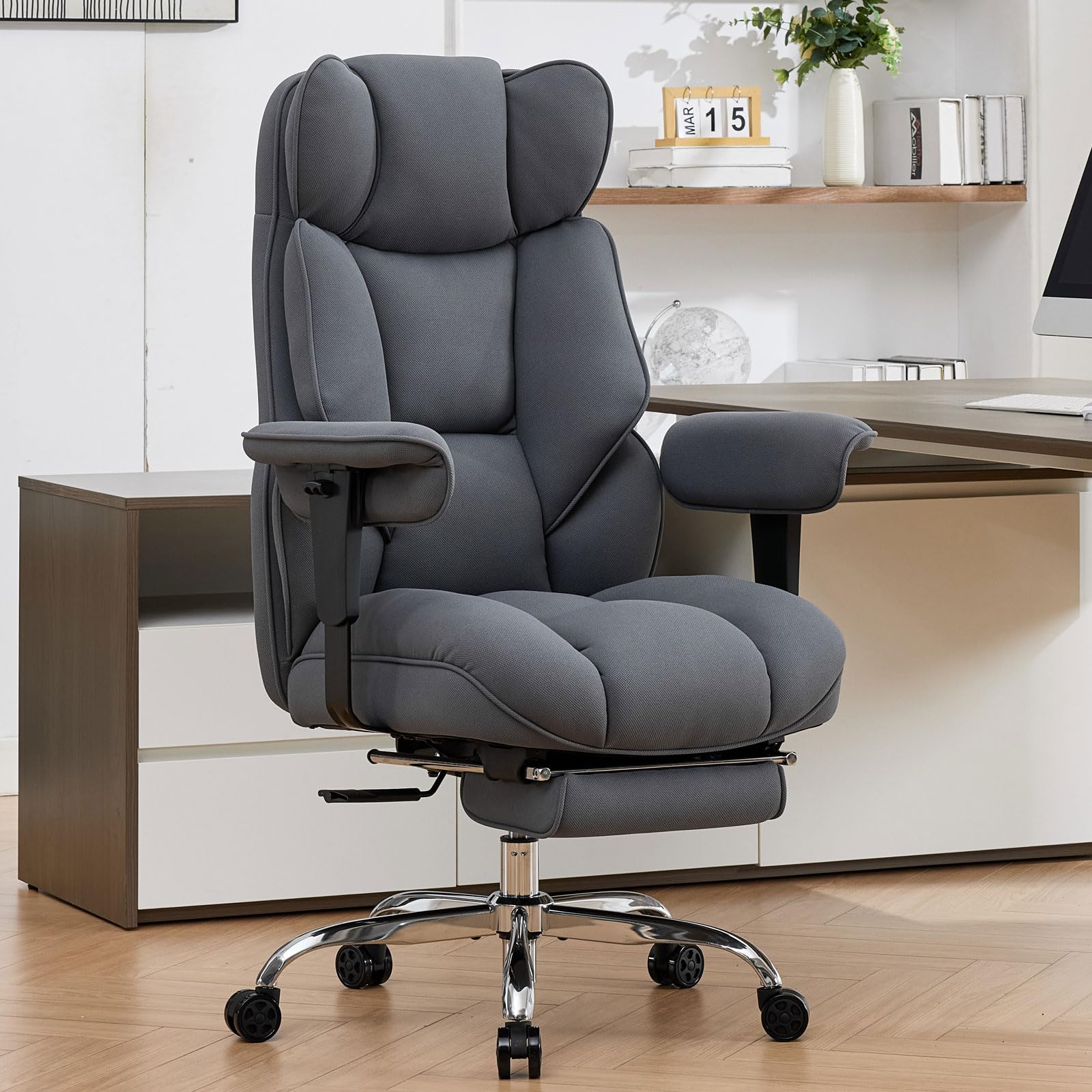 Photo 1 of Efomao Big and Tall Office Chair with Footrest - Breathable Mesh Executive Chair, Heavy Duty Computer Desk Chair for Home Office, Ergonomic Lumbar Support & Reclining Mesh Gaming Chair, Bluegrey