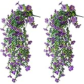 VDVST Artificial Hanging Flowers for Outdoors, 2 Pcs UV Resistant Artificial Outdoor Flowers, Not-Fading Fake Hanging Plant for Outdoor Planters for Home Garden Porch Yard Decor,Double Purple