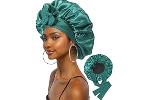 CHLINS Extra Large Satin Bonnet for Sleeping Jumbo Silk Bonnet Double Layer Hair Bonnet for Women with Elastic Tie Band Sleep Bonnet Hair Wrap for Braids Curly Hair(Dark Green+Black)