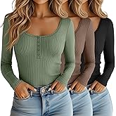 Huukeay 3 Packs Women's Ribbed Cotton Henley Shirts Long Sleeve Basic Tops Button Down Knit Slim Fit Casual Fall Tunic Tee
