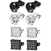 JOERICA 4 Pairs Stainless Steel Stud Earrings for Men Women Silver Black Square Earrings Set Mens Earrings Inlaid Cubic Zirconia 6-10MM