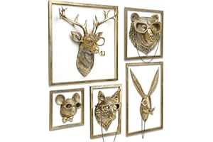 Newinhome 5 Pack Animal Heads Wall Decoration (Gift Metal Frame) Resin Animals Sculptures Head Wall Hanging Decor Gold vintage Wall Sculpture for Living Room Bedroom Office