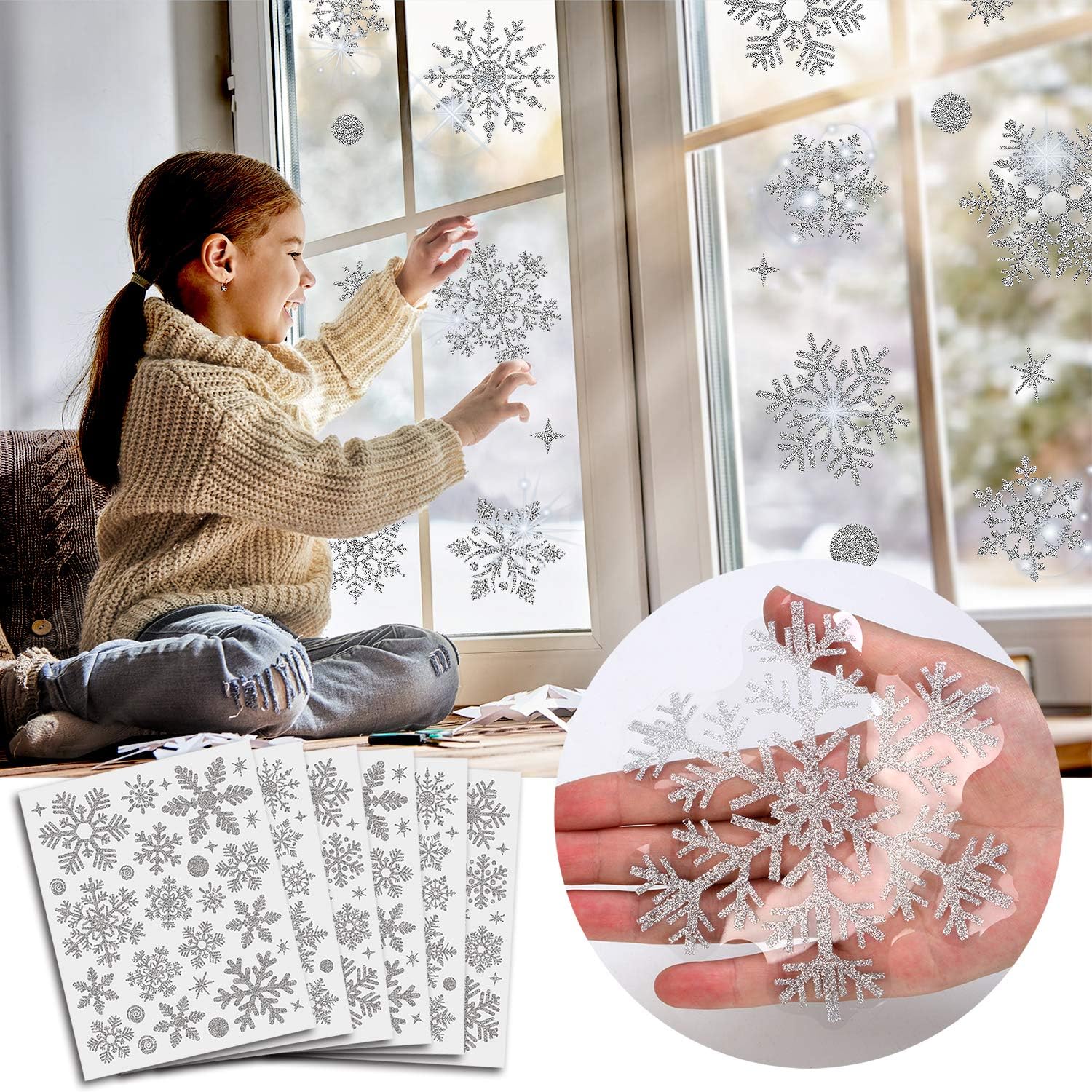 Window Treatments - 190 Pcs Christmas Window Clings Glitter Snowflake Window Decals for Glass Winter Xmas Navidad Decorations (Sliver)