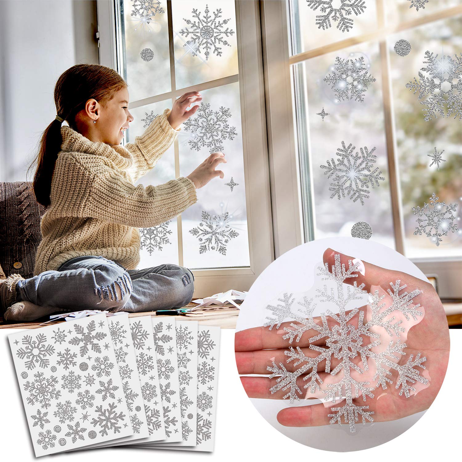 190Pcs Glitter Snowflake Window Stickers Silver, Reusable Self Clings Christmas Window Stickers, Xmas Display Decoration by Taspire