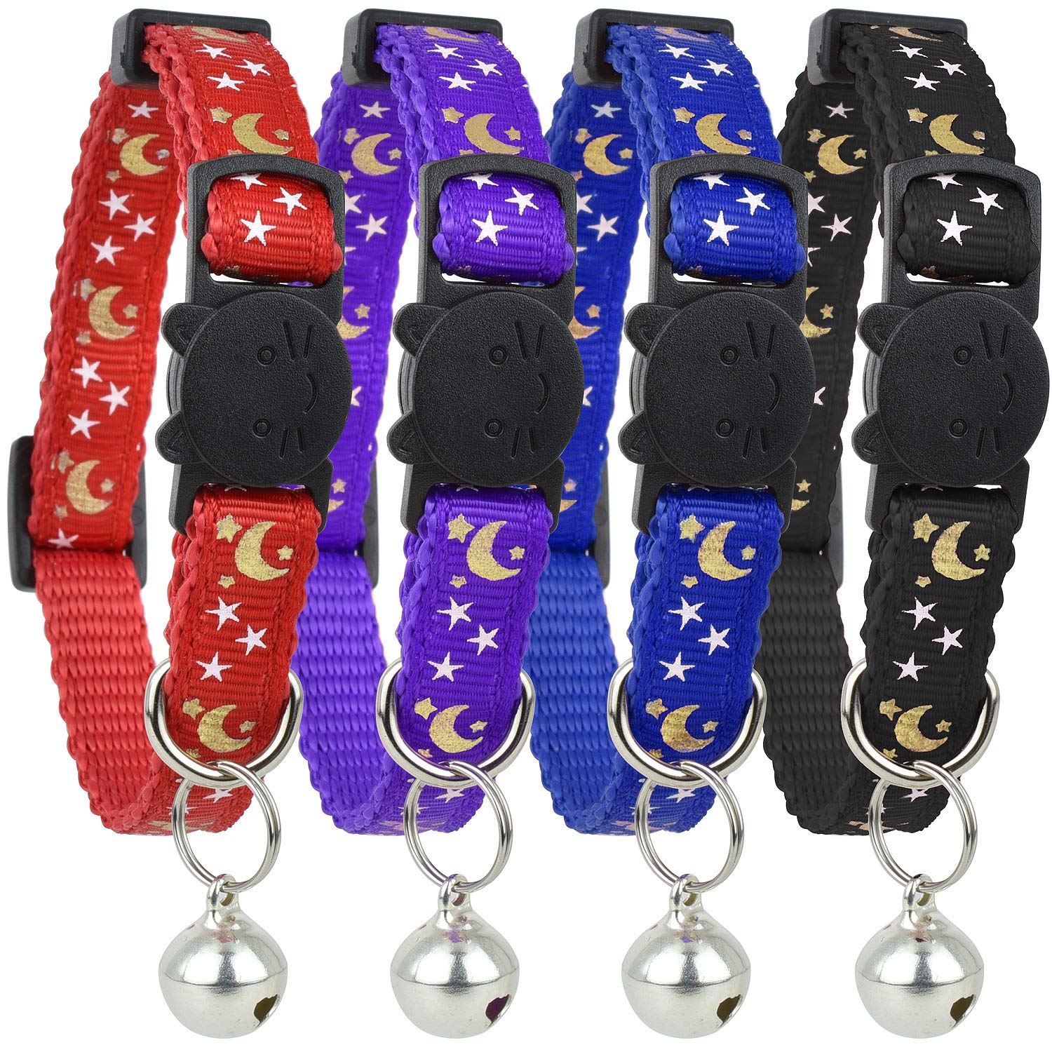 Photo 1 of Cat Collar Stars and Moon, 4-Pack, Reflective with Bell, Solid & Safe Collars for Cats, Nylon, Kitty Collars, Pet Collar, Breakaway Cat Collar