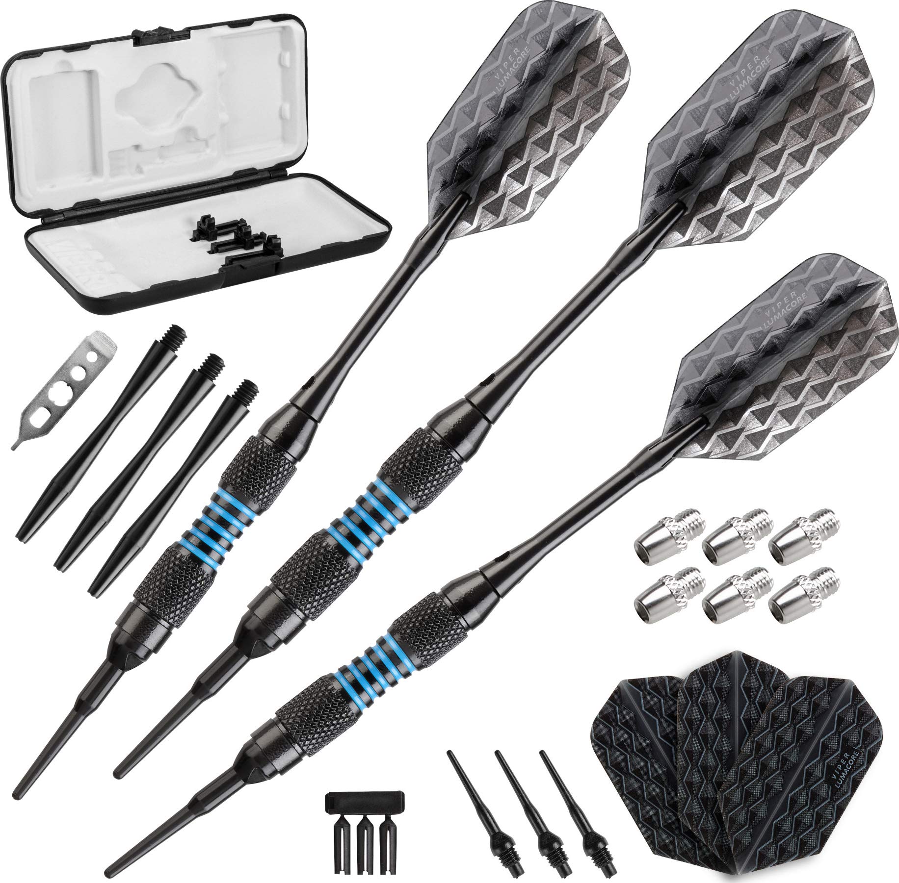 Viper Bobcat Adjustable Weight Soft Tip Darts with Storage/Travel Case: Black Coated Brass, Blue Rings, 16-18 Grams