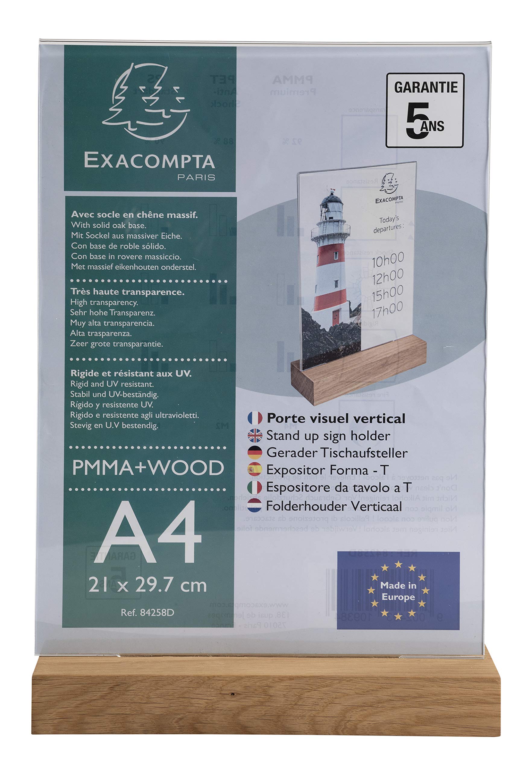 Exacompta - Ref 84258D - Sign Holder with Wooden Base - Suitable for A4 Documents, Solid Oak Plinth, Visible Both Sides, PMMA (Acrylic) Material, Rigid & UV Resistant - Clear — image 1