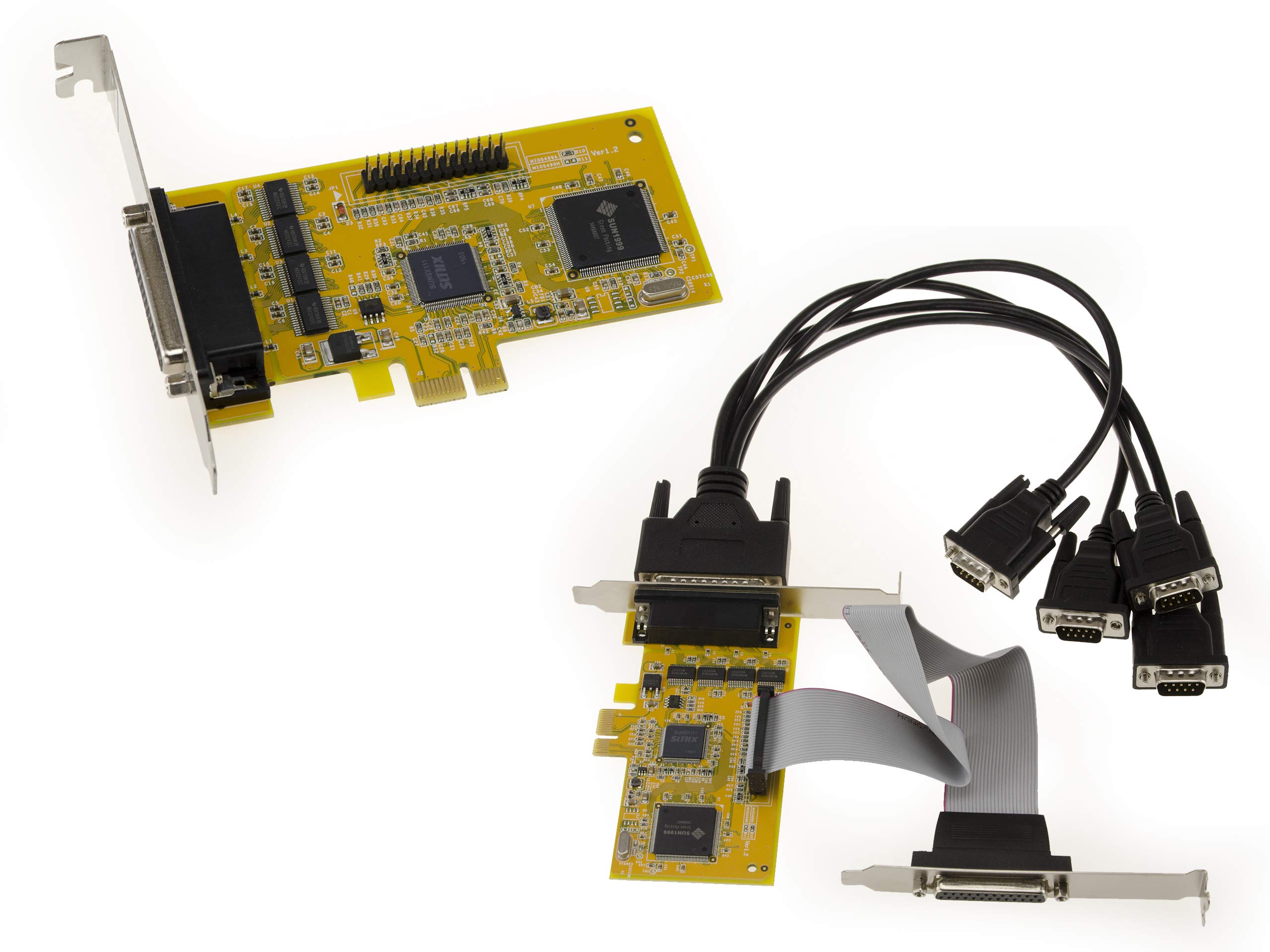 KALEA-INFORMATIQUE Serial RS232 and Parallel PCI Express PCIe controller card with 4 RS-232 DB9 COM ports and 1 IEEE1284 DB25 LPT port. SUNIX SUN1999 (MIO5499A) chipset
