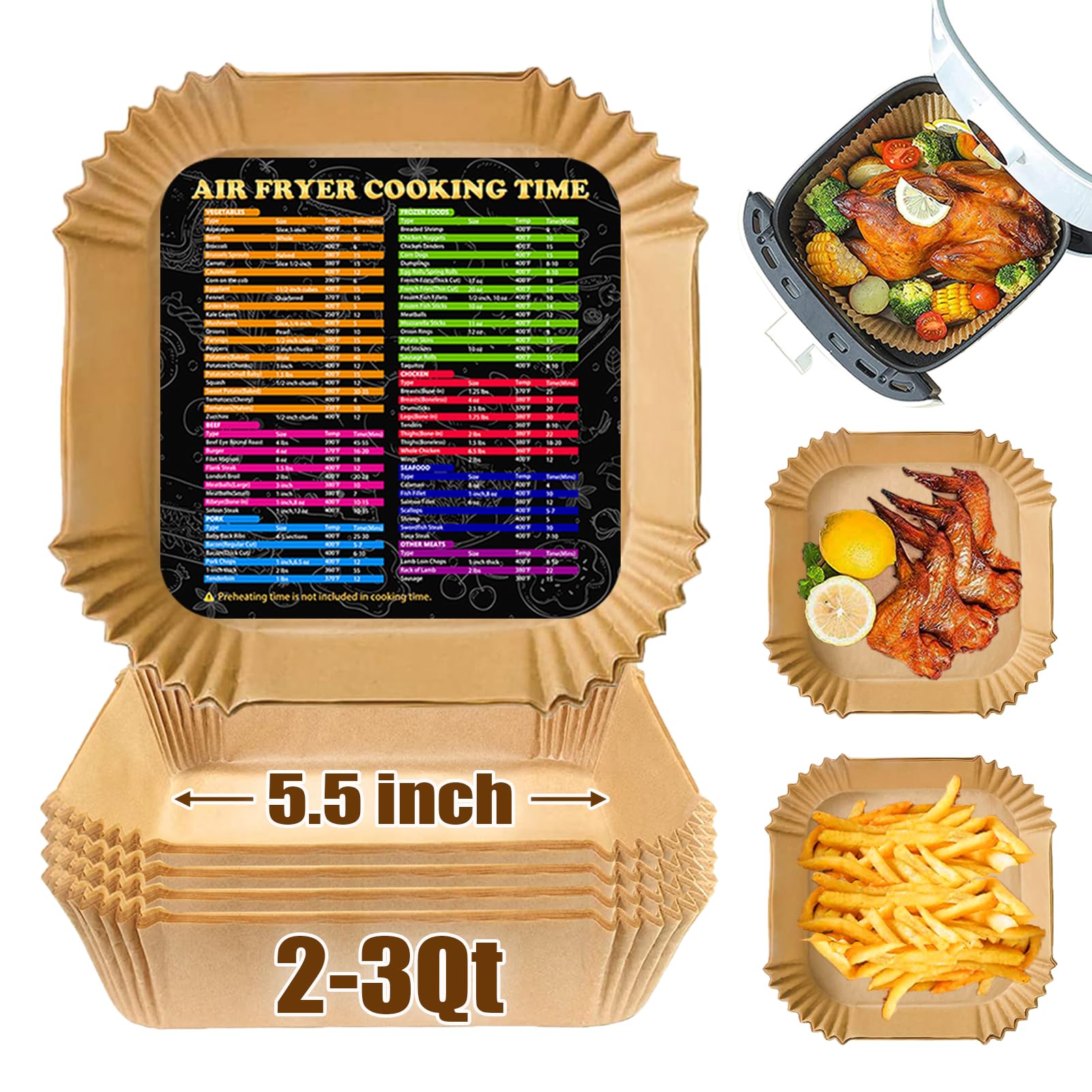 Mini Air Fryer Liners for CHEFMAN 2 Qt Air Fryer, 5.5inch Square Small Air Fryer Disposable Paper Liners, Compatible with Cosori 2.1Qt, Dash 2.6Qt, Instant Vortex 2Qt amd other 2-3Qt Mini Air Fryers