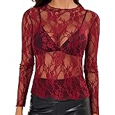Enyprok Women's Mesh Top Long Sleeve Mock Neck Sheer Blouse See Through Floral Lace Tops