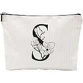 Birthday Gift Make Up Bag, A-Z Minimalism Monogrammed Botanical Alphabet Toiletry Bag, Floral Personalized Cosmetic Bag, Zipper Pouch, Travel Bag, Gifts For Women, Mom, Bridesmaid Gifts (S)-A19
