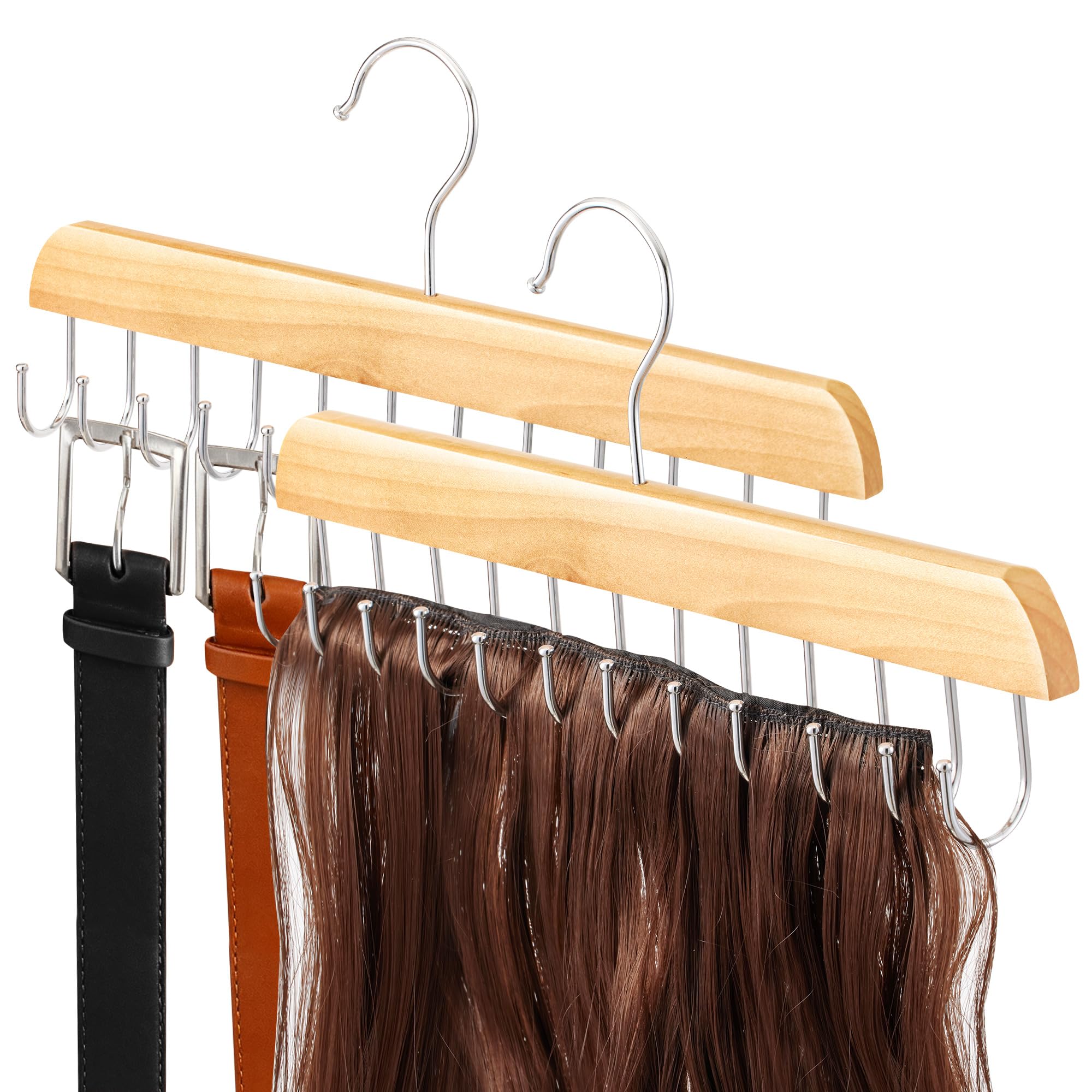 Photo 1 of ?2 Pack? Wood Hair Extension Holder for Hair Storing, Washing, Drying, Coloring, Styling, Foldable Belt Hanger, Rotating Multi-Purpose Hooks Hanger, Hanging Closet Organizer
