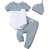 Renotemy Preemie Newborn Boy Summer Clothes Gift Short Sleeve Button Romper Baby Boys Bodysuit Long Pants Outfit Set with Hat
