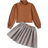 YOURUIKEY Girls Skirt Sets 2 Piece Outfits Long Sleeve Puff Mock Neck Tops and Plaid Skirts Fall Winter Clothes Size 6-14Y