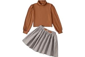 YOURUIKEY Girls Skirt Sets 2 Piece Outfits Long Sleeve Puff Mock Neck Tops and Plaid Skirts Fall Winter Clothes Size 6-14Y