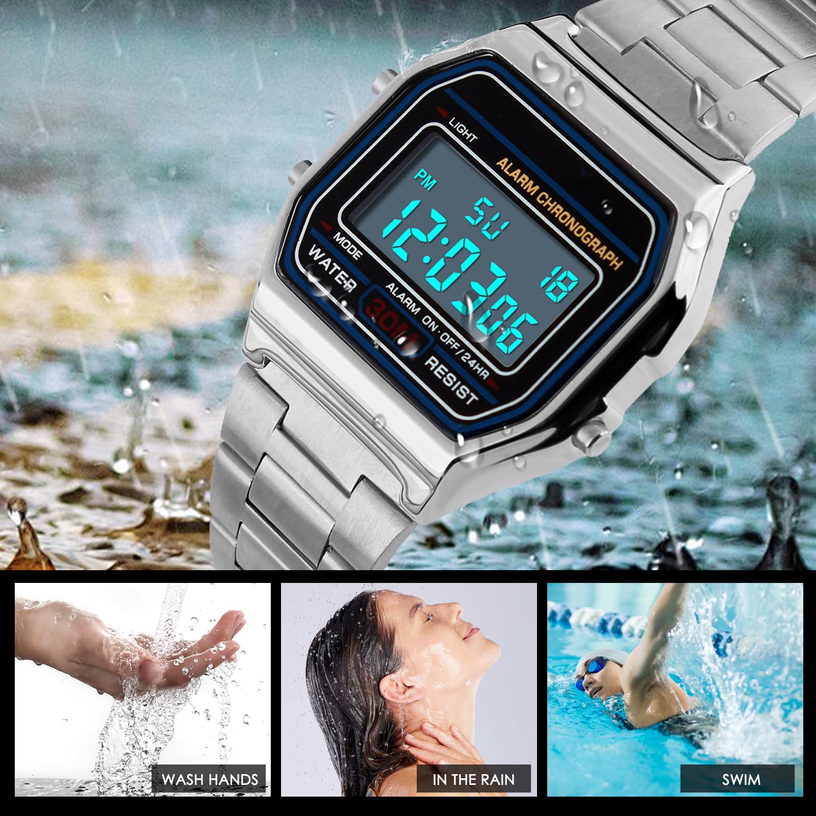 Yuehuamech Men's Digital Quartz Watch, Luxury Business Watch 30 m Electronic Chronograph Waterproof Digital Watch Sports Watch with Stainless Steel Strap LED Backlight