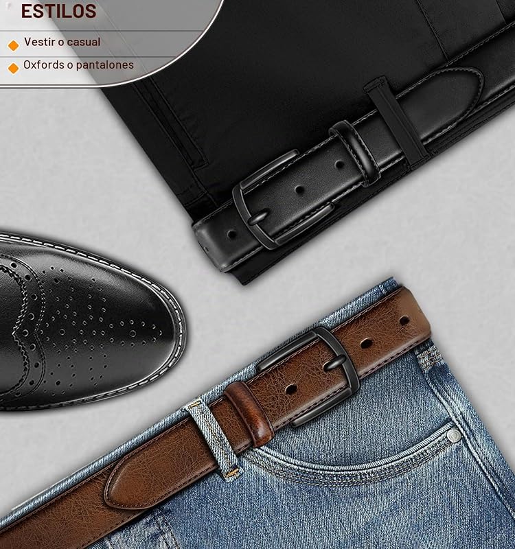 Cinturón Hombre 2 Piezas, Cinturón Cuero para Jeans Ropas Casuales 35mm,Tamaño Fijo(Negro/Marrón intenso,140cm/48-50" Cintura ajuste)
