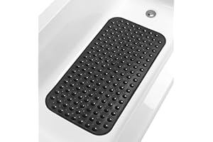TIKE SMART Large Non-Slip Bathtub & Shower Mat 31 inch x16 inch (Smooth/Non-Textured Tubs Only) Safe, Clean, Machine-Washable, Superior Grip&Drainage, Vinyl, Opaque Black, Medium