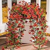 Artificial Hanging Flowers for Outdoors, 2 Pcs Fake Hanging Plant for Spring Decoration, UV Resistant No Fade Faux Silk Daisy Flower for Planter Porch Patio Yard Garden Outside Decor(Red Brown)
